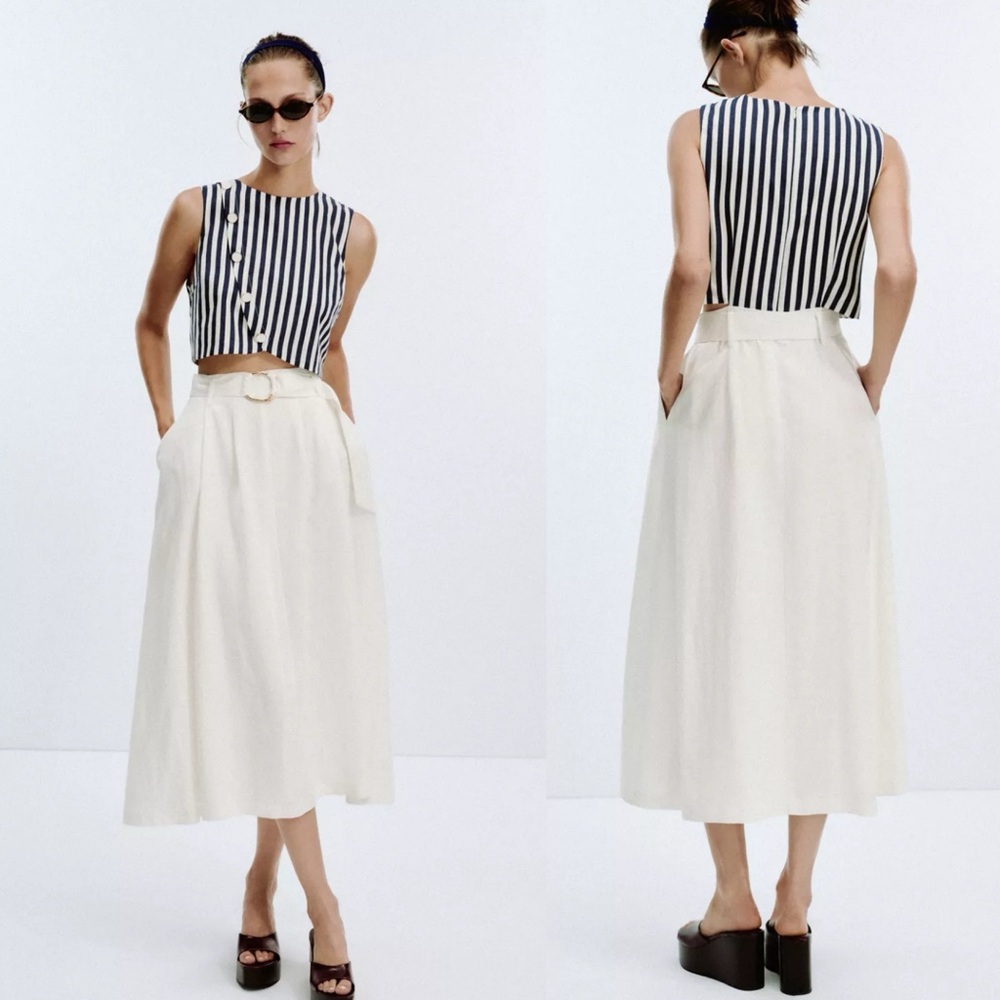 NWT Zara | Belted Linen Dress Waist Cut-out Navy Ivory Nautical coastal vibe - Picture 7 of 16